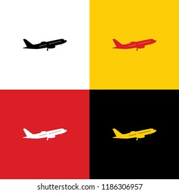 Flying Plane sign. Side view. Vector. Icons of german flag on corresponding colors as background.