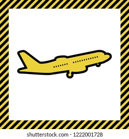 Flying Plane sign. Side view. Vector. Warm yellow icon with black contour in frame named as under construction at white background. Isolated.