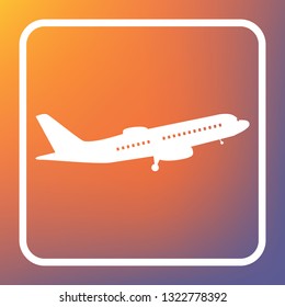 Flying Plane sign. Side view. Vector. White icon on transparent button at orange-violet gradient background.