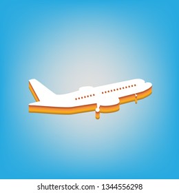 Flying Plane sign. Side view. Vector. White icon with 3d warm-colored gradient body at sky blue background.