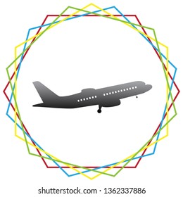 Flying Plane sign. Side view. Vector. Black icon with patch of light inside colorful hexagonal frames at white background.