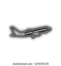 Flying Plane sign. Side view. Vector. Double contour black icon with soft shadow at white background. Isolated.