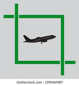 Flying Plane sign. Side view. Black icon inside green crop tool at light gray background