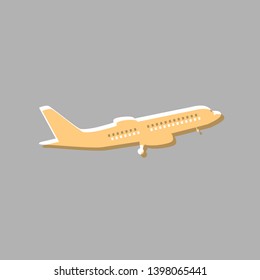 Flying Plane sign. Side view. Emboss effect with light orange icon on gray background.