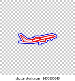Flying Plane sign. Side view. Red, white and contour icon at transparent background. Illustration.