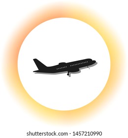 Flying Plane sign. Side view. Dark icon with shadow on the glowing circle button. Illustration.