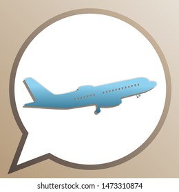 Flying Plane sign. Side view. Bright cerulean icon in white speech balloon at pale taupe background. Illustration.