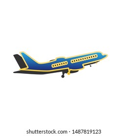 Flying Plane sign. Side view. Blue icon with gold contour with dark gray shadow at white background. Illustration.