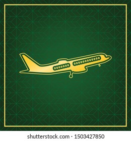 Flying Plane sign. Side view. Golden icon with gold contour at dark green gridded background. Illustration.