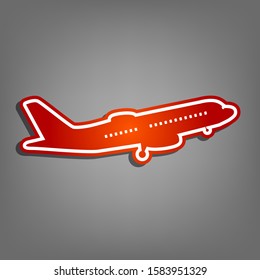 Flying Plane sign. Side view. Flat red icon with linear white icon with gray shadow at grayish background. Illustration.