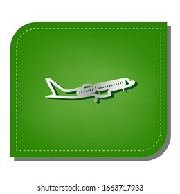 Flying Plane sign. Side view. Silver gradient line icon with dark green shadow at ecological patched green leaf. Illustration.