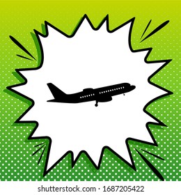 Flying Plane sign. Side view. Black Icon on white popart Splash at green background with white spots. Illustration.