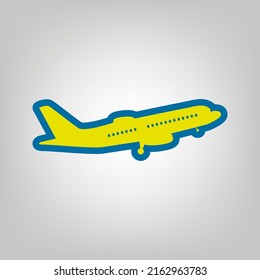 Flying Plane sign. Side view. Icon in colors of Ukraine flag (yellow, blue) at gray Background. Illustration.