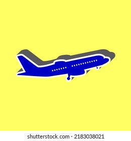 Señal del avión volador. Vista lateral. Icono azul con trazo blanco en 3d en fondo amarillo. Ilustración.