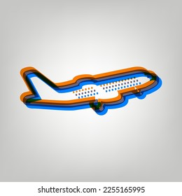 Flying Plane sign. Side view. Stroked Icon in orange, azure and old lavender Colors at gray Background. Illustration.