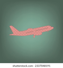 Flying Plane sign. Side view. Apricot Icon with Brick Red parquet floor graphic pattern on a Ebony background. Feldgrau. Green. Illustration.