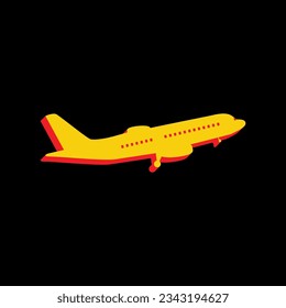 Flying Plane sign. Side view. 3D Extruded Yellow Icon with Red Sides a Black background. Illustration.