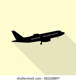 Flying Plane sign. Side view. Black icon with flat style shadow path on cream background.