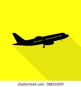 Flying Plane sign. Side view. Black icon with flat style shadow path on yellow background.
