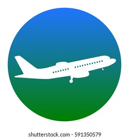 Flying Plane sign. Side view. Vector. White icon in bluish circle on white background. Isolated.