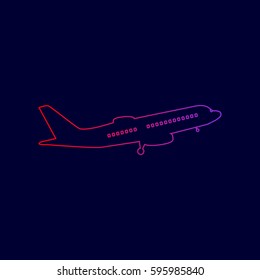 Flying Plane sign. Side view. Vector. Line icon with gradient from red to violet colors on dark blue background.