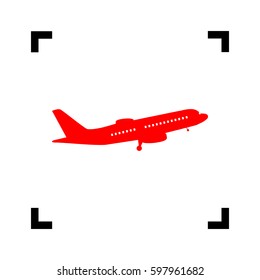 Flying Plane sign. Side view. Vector. Red icon inside black focus corners on white background. Isolated.