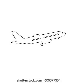 Flying Plane sign. Side view. Vector. Black dotted icon on white background. Isolated.