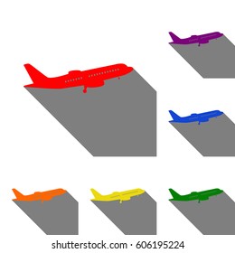 Flying Plane sign. Side view. Set of red, orange, yellow, green, blue and violet icons at white background with flat shadow.