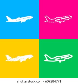 Flying Plane sign. Side view. Four styles of icon on four color squares.