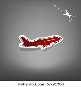Flying Plane sign. Side view. Vector. Red icon with for applique from paper with shadow on gray background with scissors.