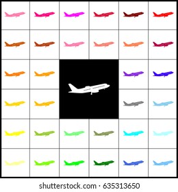 Flying Plane sign. Side view. Vector. Felt-pen 33 colorful icons at white and black backgrounds. Colorfull.