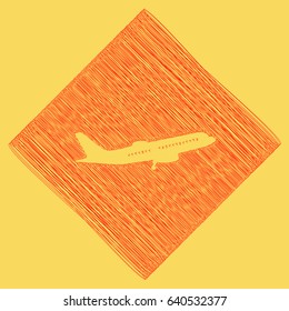Flying Plane sign. Side view. Vector. Red scribble icon obtained as a result of subtraction rhomb and path. Royal yellow background.