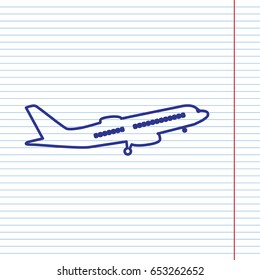 Flying Plane sign. Side view. Vector. Navy line icon on notebook paper as background with red line for field.