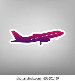 Flying Plane sign. Side view. Vector. Purple gradient icon on white paper at gray background.
