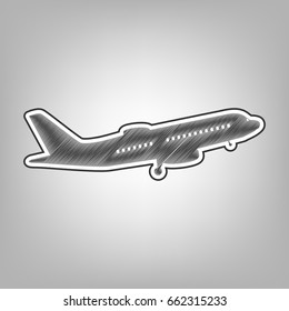 Flying Plane sign. Side view. Vector. Pencil sketch imitation. Dark gray scribble icon with dark gray outer contour at gray background.