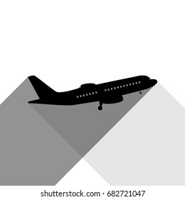 Flying Plane sign. Side view. Vector. Black icon with two flat gray shadows on white background.
