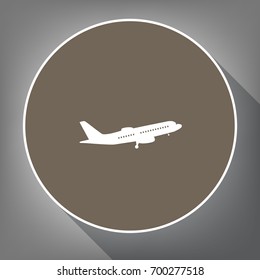 Flying Plane sign. Side view. Vector. White icon on brown circle with white contour and long shadow at gray background. Like top view on postament.
