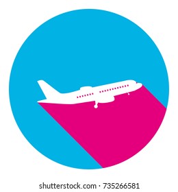 Flying Plane sign. Side view. Vector. Flat white icon with mexican pink shadow inside sky blue(S and G) circle at white background. Isolated. Trend colors in 2017.