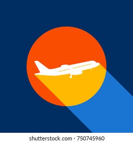 Flying Plane sign. Side view. Vector. White icon on tangelo circle with infinite shadow of light at cool black background. Selective yellow and bright navy blue are produced.