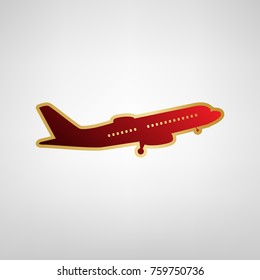 Flying Plane sign. Side view. Vector. Red icon on gold sticker at light gray background.