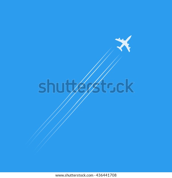 Flying plane silhouette\
isolated in blue sky, white plane shape with trails vector\
illustration