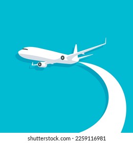 Flying plane in the sky. Airplane trace in trendy flat style isolated on blue background. International transportation. Vector illustration.