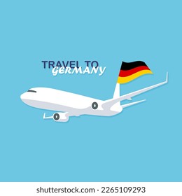 Flying plane in the sky with germany national flag. Travel to Germany. Vector illustration poster in trendy flat style.