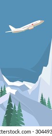 flying plane in the sky over winter landscape snow-capped mountains in the flat style vertical banner