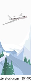 flying plane in the sky over winter landscape snow-capped mountains in the flat style vertical banner