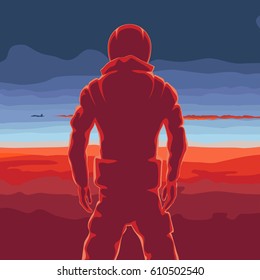 the flying plane at sunset, a decline, the pilot