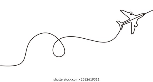 Flying plane with trail continuous line. Journey travel adventure concept. Exploration air transport sky.