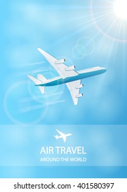 Flying plane and vapor trail in the blue sky, air travel background, illustration.