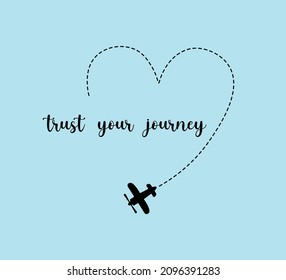 Flying Plane, Vector Design for Fashion and Poster Prints, Dotted Line, Heart Shape, Flight, Sky, Journey