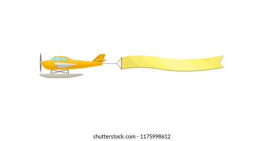 Flying plane with yellow horizontal advertising banner vector Illustration on a white background